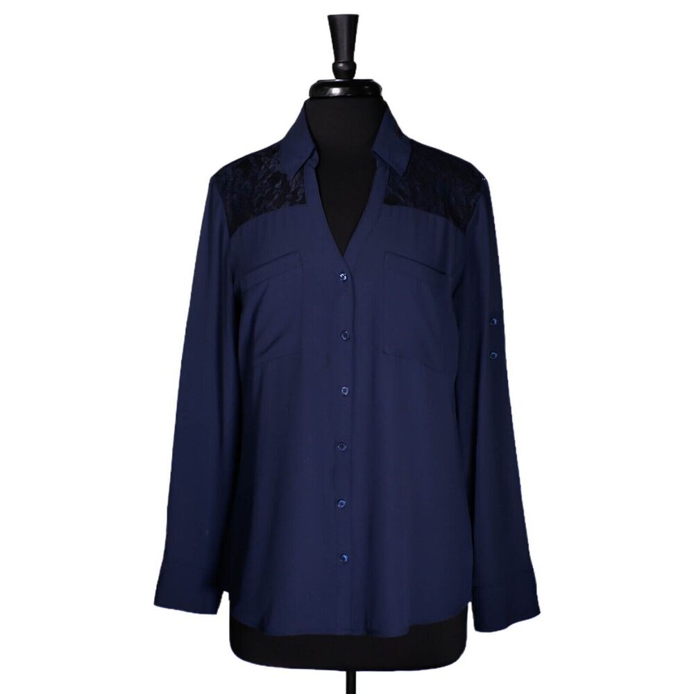Express Women's Shirt Button Up Blue Floral Lace V-Neck Slim Fit Blouse Top M